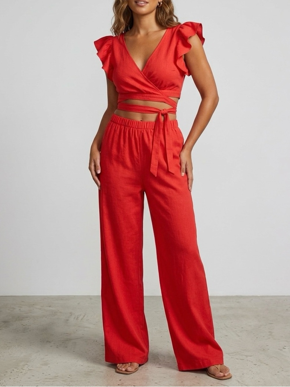 SHEIN Red Two-Piece Tie-Front Crop Top & Wide-Leg Pants Set